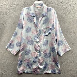 Vintage Oscar de la Renta Night Gown Button Up  Blue Round Neck Sleepwear Top L